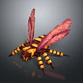 3D Pixel Art Style Bee with Yellow Black Stripes and Pink Wings