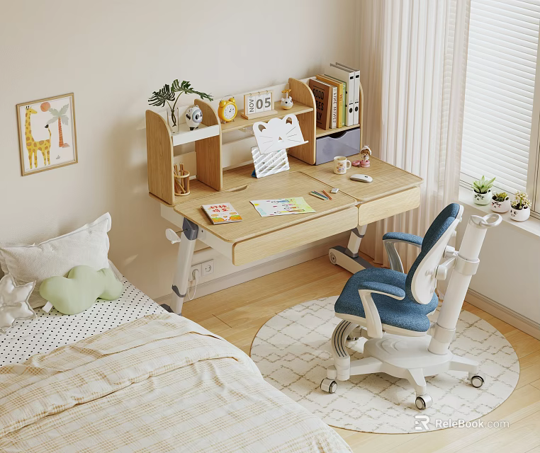 Wooden Kids Study Desk With Bookshelf Stationery And Blue Ergonomic Chair 3d model 