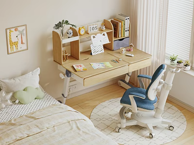 Wooden Kids Study Desk With Bookshelf Stationery And Blue Ergonomic Chair 3d model
