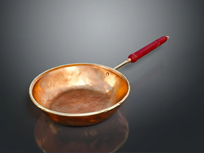 Durable Copper Frying Pan With Red Handle For Home Kitchen Cooking 3d model