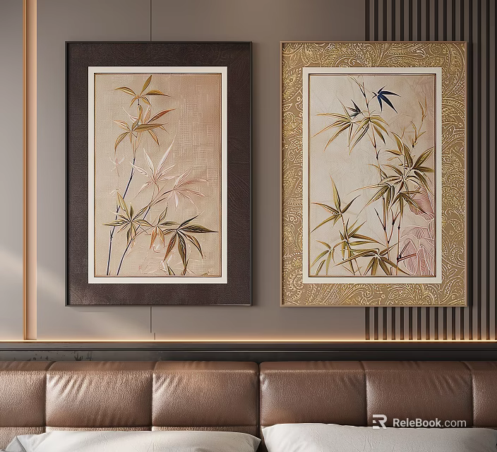 Abstract Paintings With Bamboo Motifs In Golden And Dark Frames On Beige Wall 3d model 