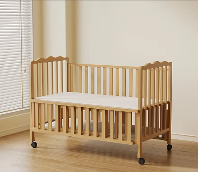 Wooden Baby Crib with Wheels and Mattress in Light Room with Window Blinds 3d model