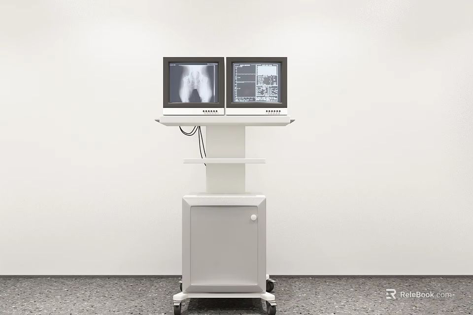 White Medical Equipment Mobile Cart With Dual Monitors Displaying X-ray 3d model 
