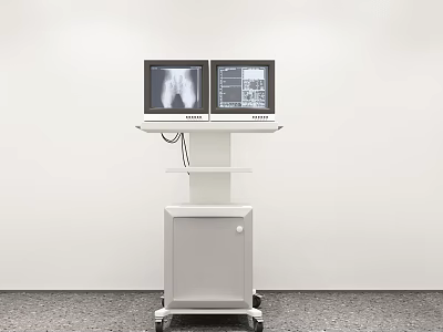 White Medical Equipment Mobile Cart With Dual Monitors Displaying X-ray 3d model