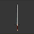 Sword with slim blade red hilt and metal guard against gray gradient background