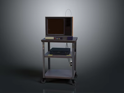 Old Style Computer Monitor On Wheeled Cart With Lower Shelf Equipment 3d model