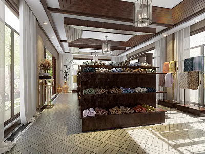 Elegant Textile Shop Interior Featuring Colorful Fabrics On Display Shelves Wooden Ceiling And Pendant Lights 3d model