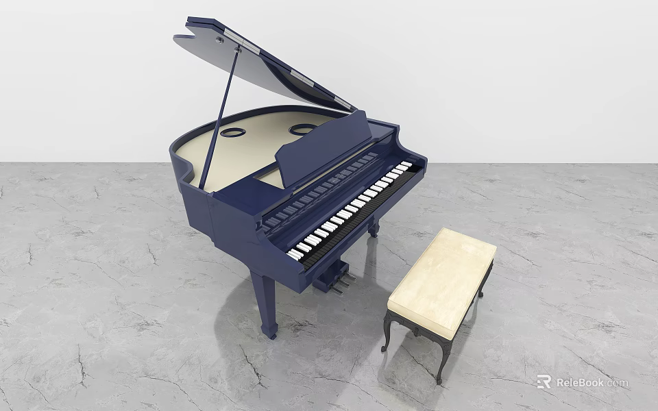 Dark Blue Grand Piano With Beige Bench On Gray Concrete Floor Musical Instrument 3d model 