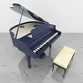 Dark Blue Grand Piano With Beige Bench On Gray Concrete Floor Musical Instrument