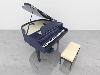 Dark Blue Grand Piano With Beige Bench On Gray Concrete Floor Musical Instrument 3d model