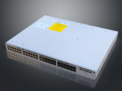 White Network Switch With Multiple Ports Label And Yellow Warning Sticker 3d model