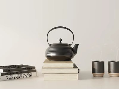 Elegant Decorative Ornament Set with Black Teapot Stacked Books Two Gray Cups Brass Edges 3d model