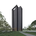 Modern High Rise Residential Building with Balconies Surrounded by Lush Trees and Blue Sky