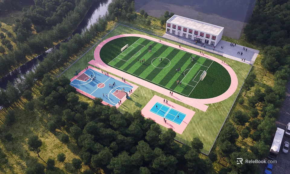 Aerial View Of Soccer Field With Track Basketball And Tennis Courts 3d model 