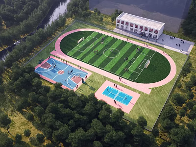 Aerial View Of Soccer Field With Track Basketball And Tennis Courts 3d model