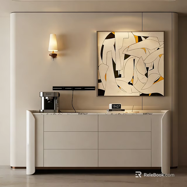 White Console Cabinet with Marble Top Coffee Machine Clock Abstract Painting and Wall Lamp 3d model 