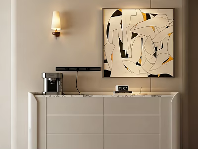 White Console Cabinet with Marble Top Coffee Machine Clock Abstract Painting and Wall Lamp 3d model