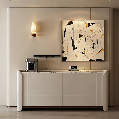 White Console Cabinet with Marble Top Coffee Machine Clock Abstract Painting and Wall Lamp 3d model