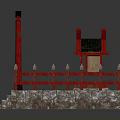 Traditional Japanese Red Torii Gate Featuring Black Top Red Fences And Stone Platform With Steps