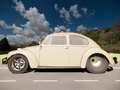 Cream Vintage Volkswagen Beetle Parked On Road With Blue Sky White Clouds And Green Hills 3d model
