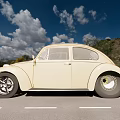 Cream Vintage Volkswagen Beetle Parked On Road With Blue Sky White Clouds And Green Hills