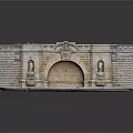 Detailed Historical Architectural Model With Stone Brick Walls Arched Entrance And Statues