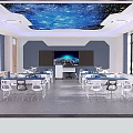 Modern School Smart Classroom With Robots Organized Desks Large Screen And Geometric Lights