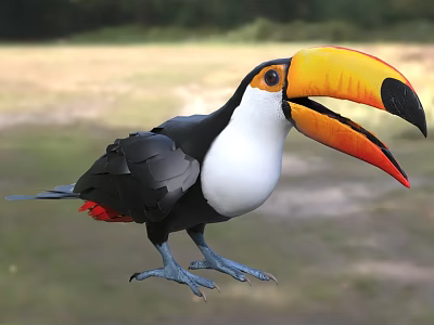 Toucan With Black Body White Chest Large Yellow Orange Beak And Blue Feet In Grassland 3d model