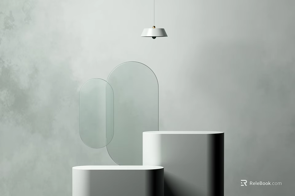 Modern Reception Desk With White Surface Curved Glass Decor And Pendant Light Fixture 3d model 