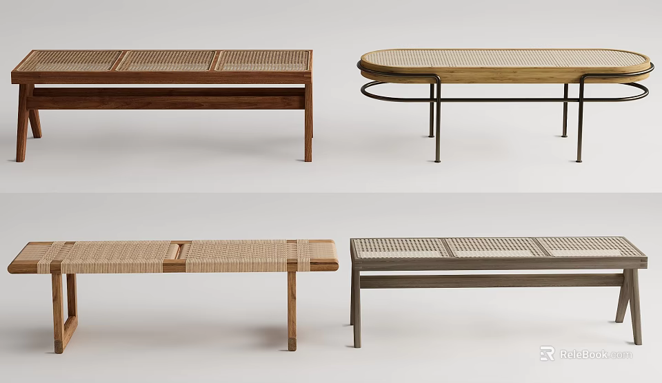 Modern Footstools In Various Styles With Wooden Rattan And Metal Legs 3d model 