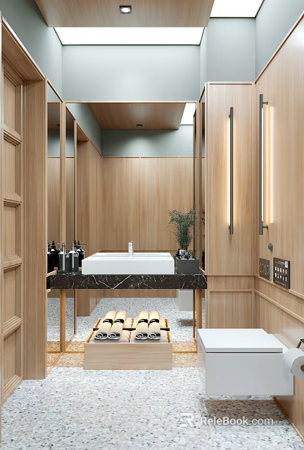 Hotel Bathroom Interior with Wooden Walls Marble Countertop Toiletries and Potted Plant 3d model 