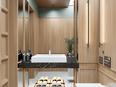 Hotel Bathroom Interior with Wooden Walls Marble Countertop Toiletries and Potted Plant 3d model