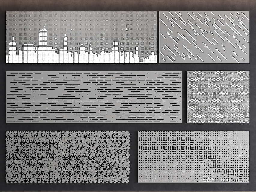 Decorative Wall Panels with Perforated Metal Designs City Skyline Diagonal Lines and Dot Patterns 3d model 