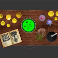 Witch Performing Magic Ritual With Yellow Candles Open Book Green Bowl Potion Herbs On Wooden Table