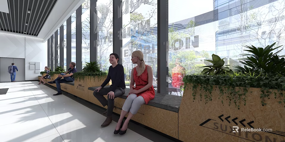 Modern Leisure Area Interior With Floor To Ceiling Windows Green Plants And Bench Seating 3d model 