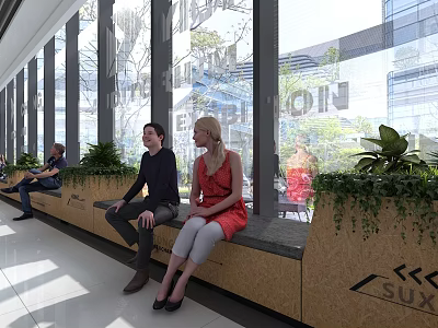 Modern Leisure Area Interior With Floor To Ceiling Windows Green Plants And Bench Seating 3d model