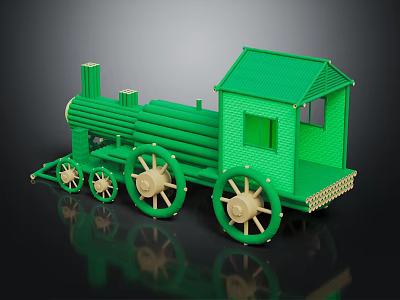 Children Playing with Green Toy Train Featuring Large Wheels and Cabin Design 3d model