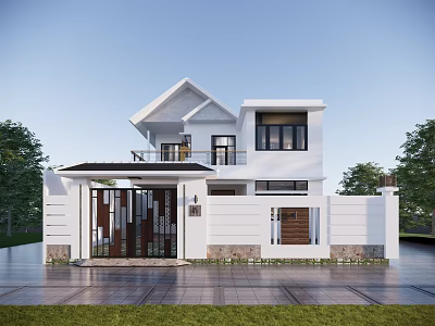 Modern Detached Villa with White Exterior Two Story Main Gate Fence Trees and Landscaped Lawn 3d model