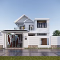 Modern Detached Villa with White Exterior Two Story Main Gate Fence Trees and Landscaped Lawn