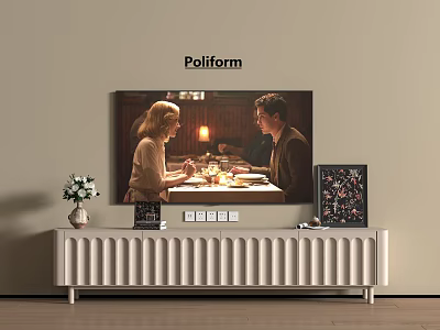Modern White TV Stand with Vertical Lines and Decorative Vase Under Wall Mounted TV 3d model