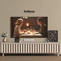 Modern White TV Stand with Vertical Lines and Decorative Vase Under Wall Mounted TV