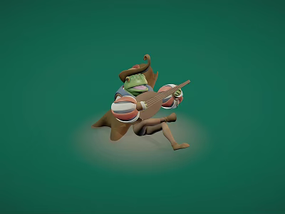 Cartoon Character Wearing Hat Playing Guitar With Colorful Balls On Green Background 3d model