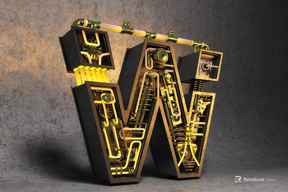 Decorative Ornament Set With Letter W Shape Golden Pipes Gear Details And Mechanical Design 3d model 