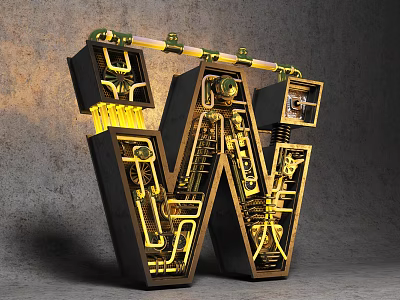 Decorative Ornament Set With Letter W Shape Golden Pipes Gear Details And Mechanical Design 3d model