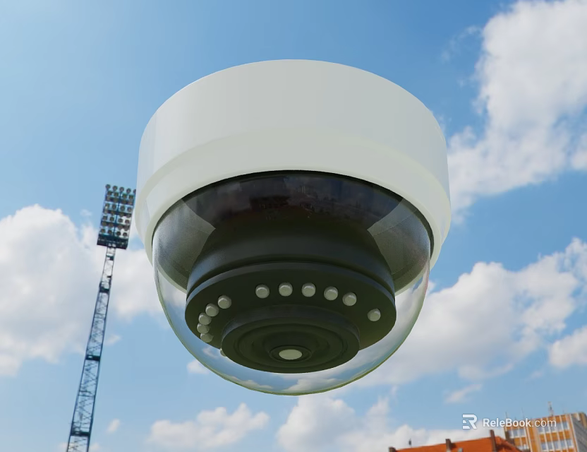 Outdoor Dome Surveillance Camera Against Blue Sky White Clouds Light Tower And Buildings 3d model 