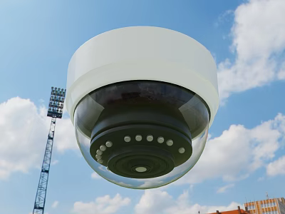 Outdoor Dome Surveillance Camera Against Blue Sky White Clouds Light Tower And Buildings 3d model