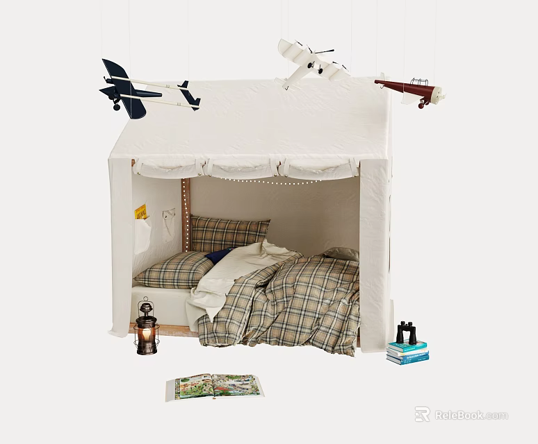 Kids Bed with Canopy Tent and Hanging Airplane Models Plaid Bedding Lantern and Books 3d model 