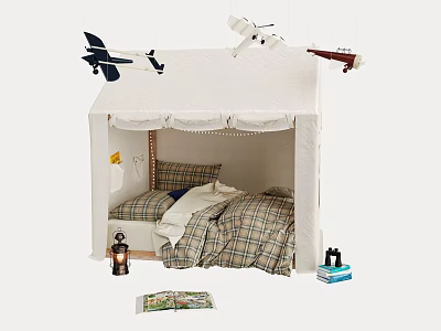 Kids Bed with Canopy Tent and Hanging Airplane Models Plaid Bedding Lantern and Books 3d model