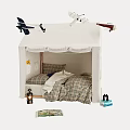 Kids Bed with Canopy Tent and Hanging Airplane Models Plaid Bedding Lantern and Books