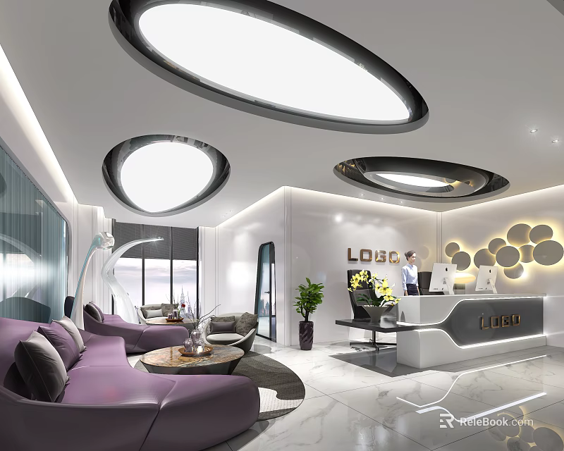 Elegant Modern Front Desk Reception Area Design With Circular Lighting And Purple Sofa Decorative Wall 3d model 